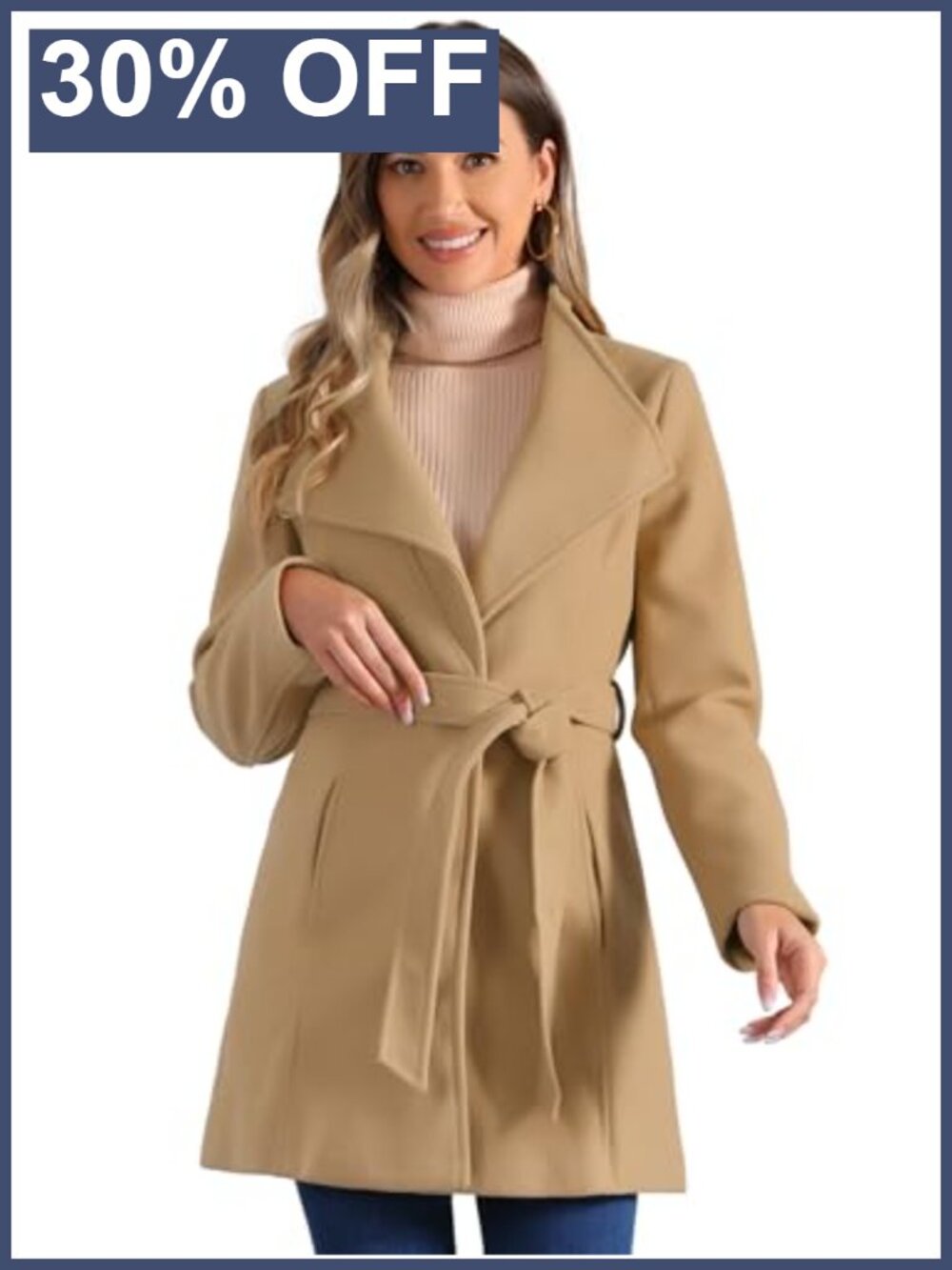 Women's Long Belted Pea Coat Stand Collar Winter Overcoat